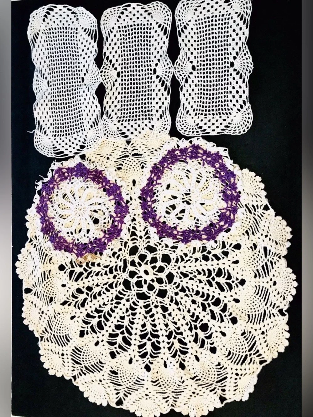 Vintage Hand Crocheted Cotton Set Of 6 Ivory & Purple Round & Rectangle Doilies